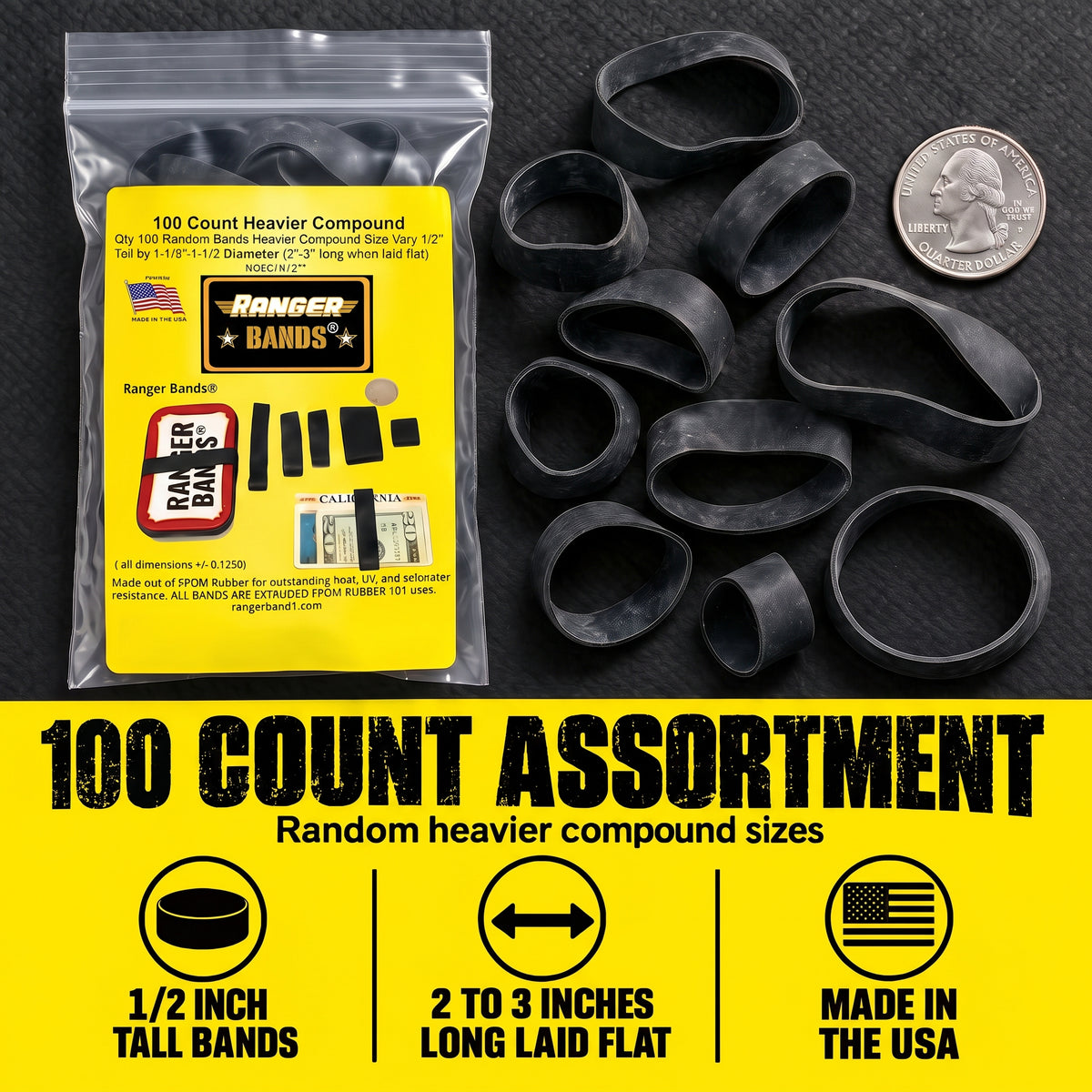 Ranger Bands® 100 Count Random Heavier Compound from EPDM Rubber for Survival, Emergency Tinder and Strapping Gear Made in The USA (Copy)