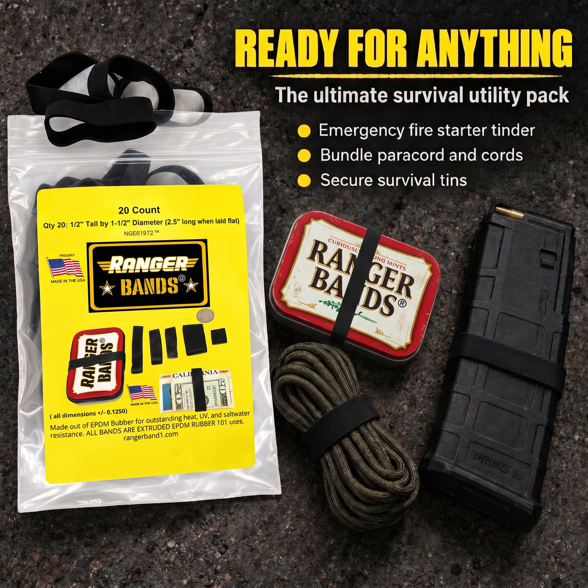 Ranger Bands® 20 Count Extra Stretch Made From EPDM Rubber Survival & Strapping Gear  USA  NGE61972 ™