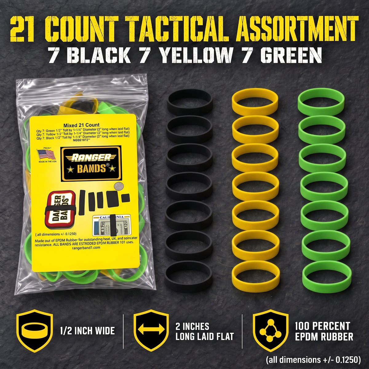 Ranger Bands® 21 Count Extra Stretch Safety color Mixer small Made from EPDM Rubber for Survival, Emergency Tinder and Strapping Gear Made in the USA