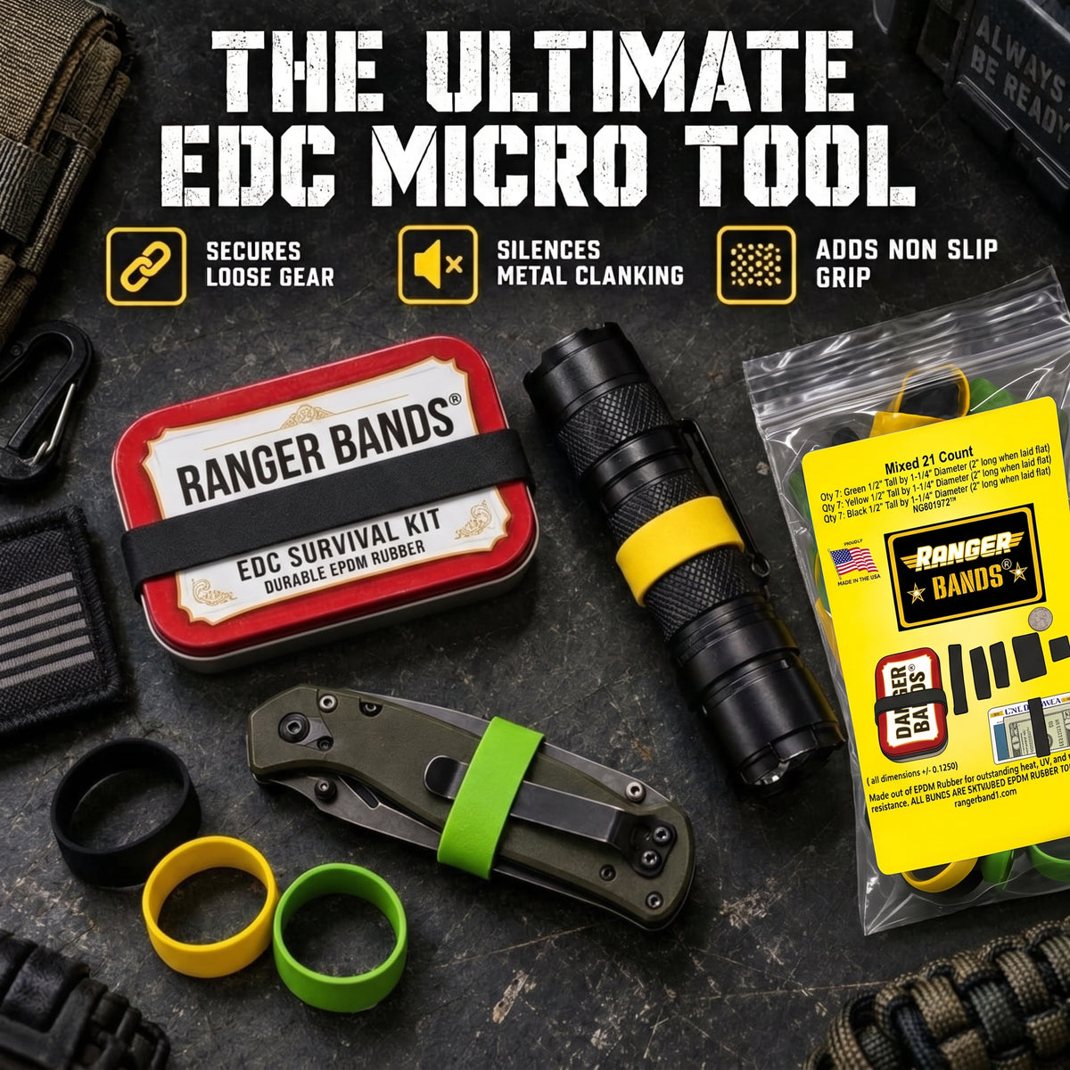Ranger Bands® 21 Count Extra Stretch Safety color Mixer small Made from EPDM Rubber for Survival, Emergency Tinder and Strapping Gear Made in the USA