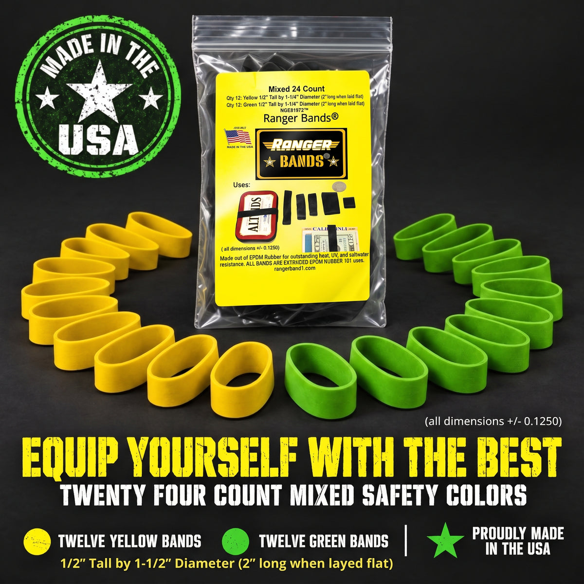 Ranger Bands® Mixed 24 Extra Stretch Safety colors small Made from EPDM Rubber for Survival, Emergency Tinder and Strapping Gear Made in the USA