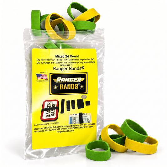 Ranger Bands® Mixed 24 Extra Stretch Safety colors small Made from EPDM Rubber for Survival, Emergency Tinder and Strapping Gear Made in the USA