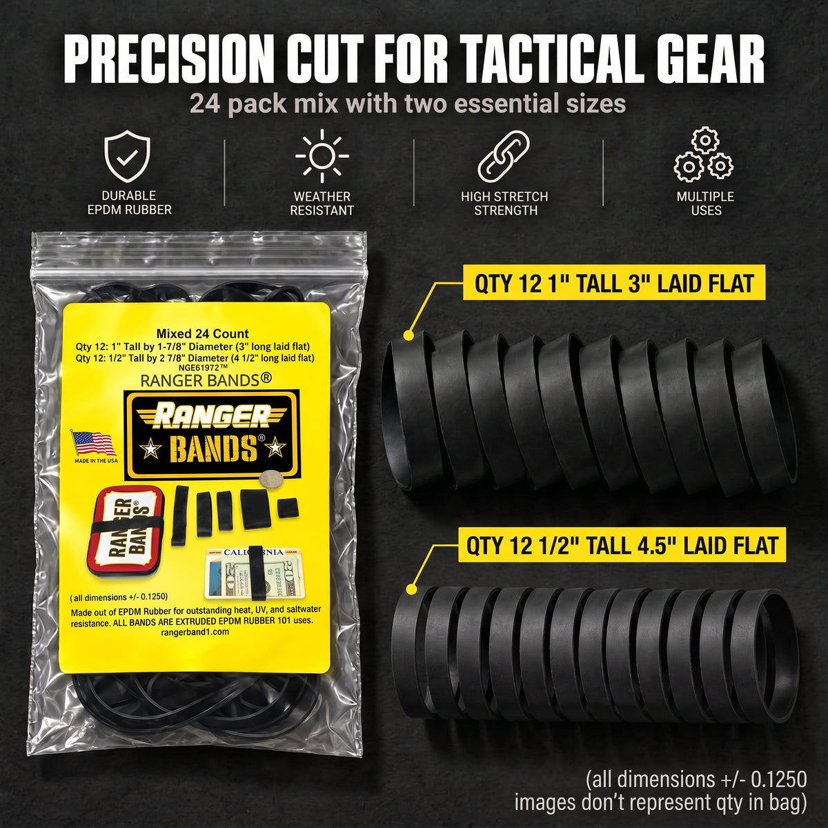 Ranger Bands® 24 Count EX LG  Mix Heavy Duty Rubber Bands Made of EPDM Rubber Survival Gear