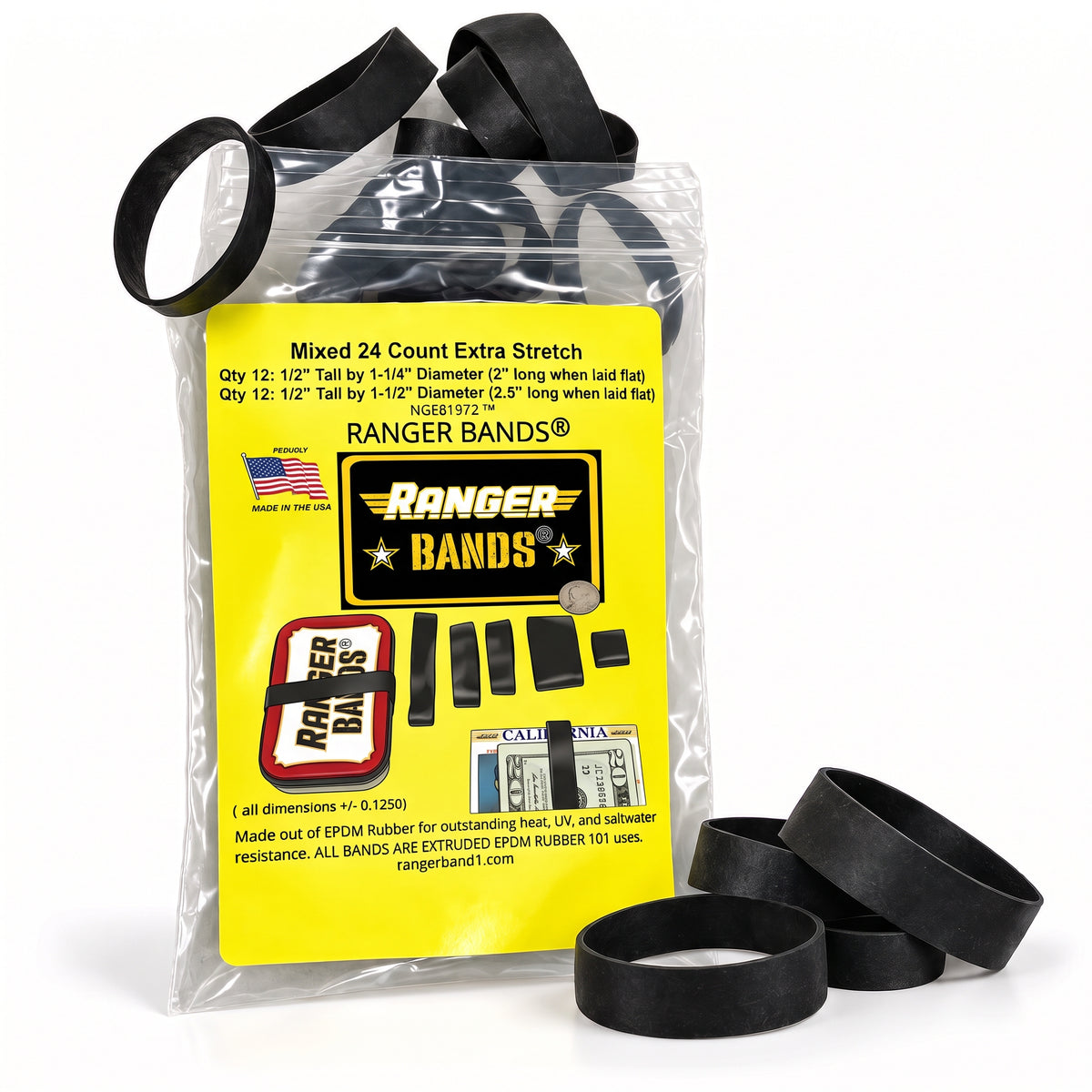 Ranger Bands® 24 Count  Mixed Extra Stretch From EPDM Rubber Survival & Strapping Gear  USA  NGE61972 ™