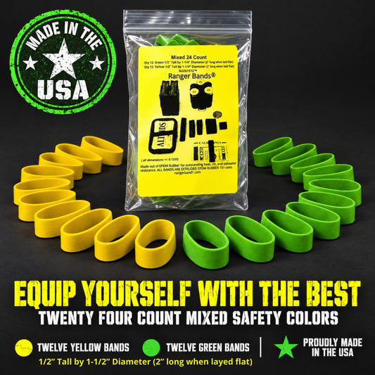 Ranger Bands® Mixed 24 Extra Stretch Safety colors small Made from EPDM Rubber for Survival, Emergency Tinder and Strapping Gear Made in the USA