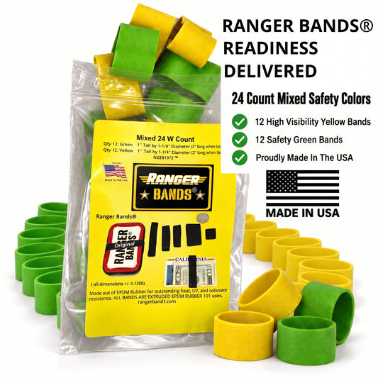 Ranger Bands® Mixed 24 Extra Stretch Safety colors Wide Made from EPDM Rubber for Survival, Emergency Tinder and Strapping Gear Made in the USA