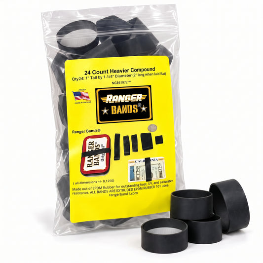 Ranger Bands® Medium Wide 24 Count High Tension less stretch Compound EPDM Rubber for Survival, Emergency Tinder and Strapping Made in the USA