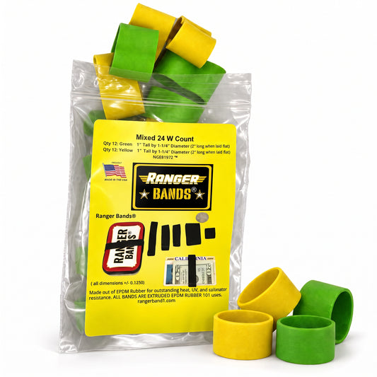 Ranger Bands® Mixed 24 Extra Stretch Safety colors Wide Made from EPDM Rubber for Survival, Emergency Tinder and Strapping Gear Made in the USA