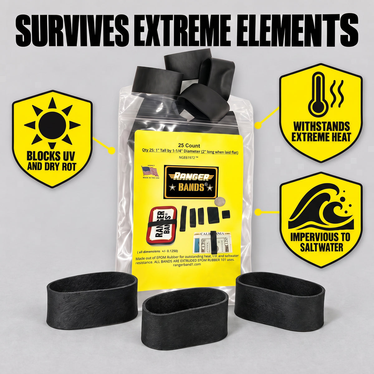 Ranger Band® 25 Count Extra Stretch From EPDM Rubber Survival & Strapping Gear  USA  NGE61972 ™
