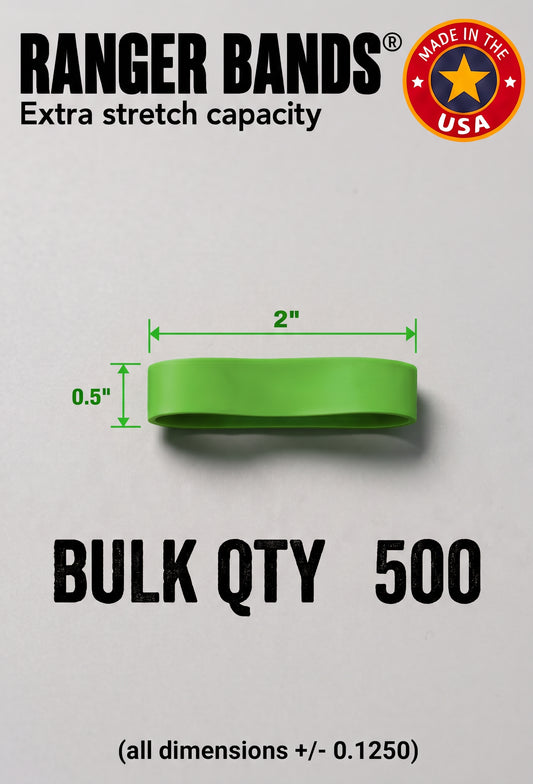 Ranger Bands® 500 Extra Stretch Green 2" lay flat 1/2" wide  Made from EPDM Rubber for Survival, Emergency Tinder and Strapping Gear Made in the USA