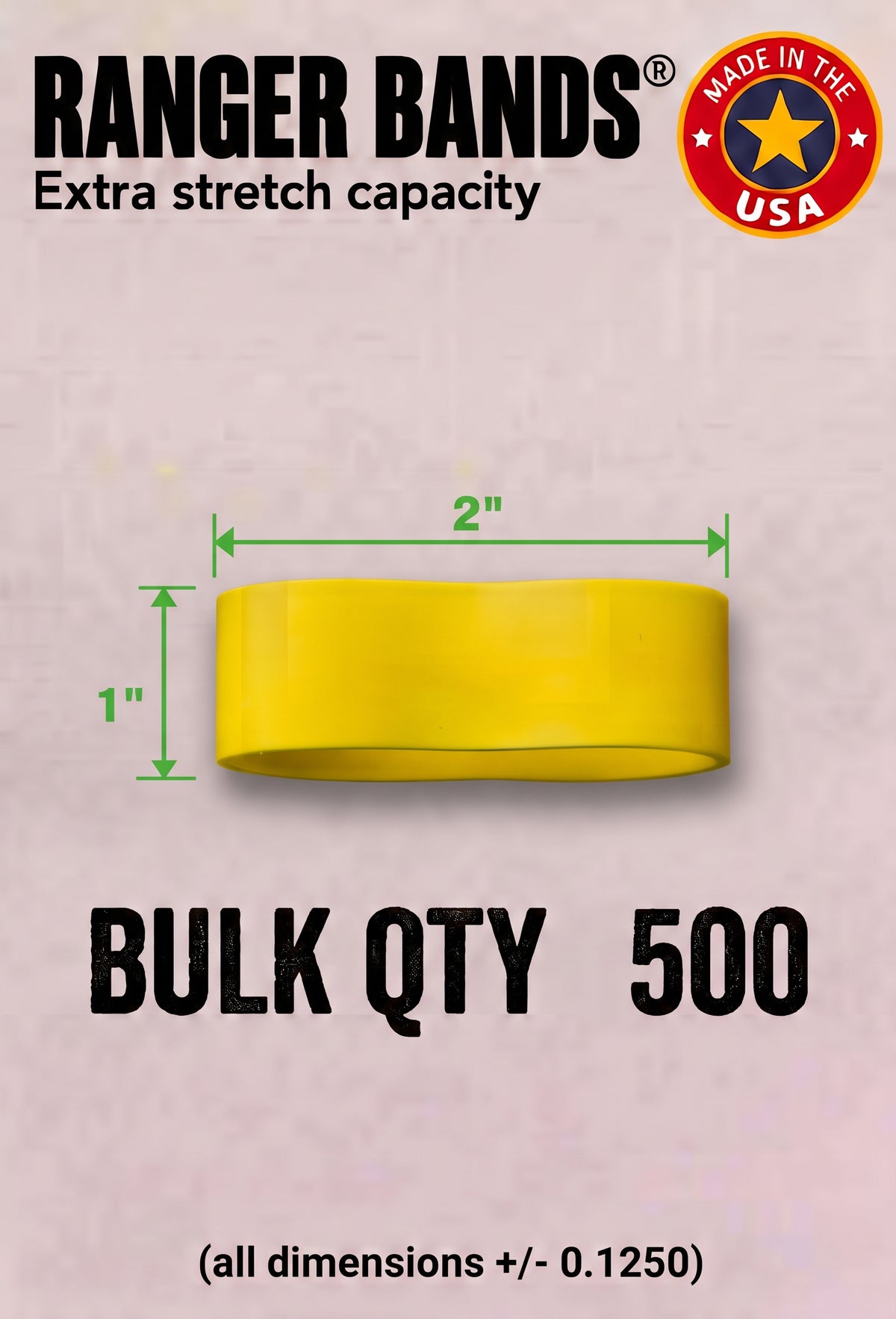 Ranger Bands® 500 Extra Stretch Yellow 2" lay flat 1" wide  Made from EPDM Rubber for Survival, Emergency Tinder and Strapping Gear Made in the USA