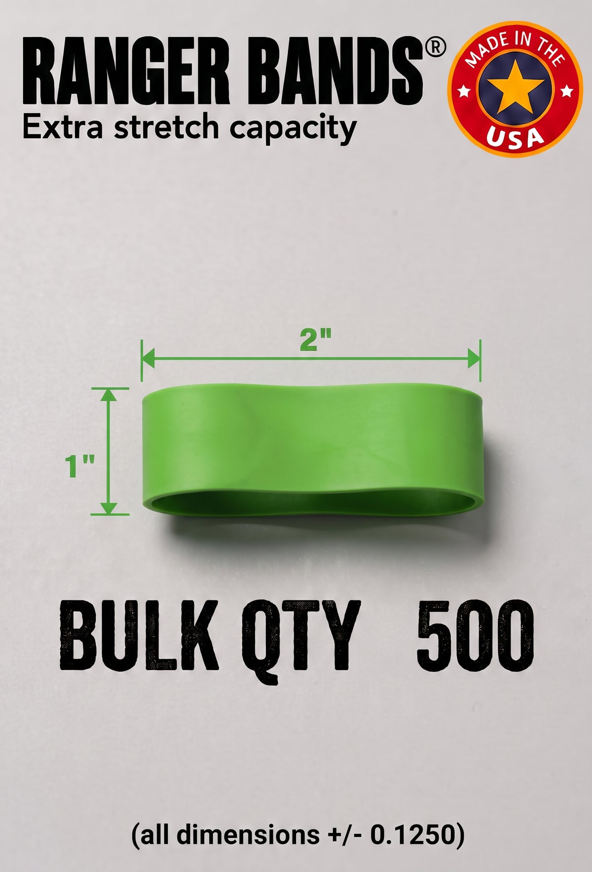 Ranger Bands® 500 Extra Stretch Green 2" lay flat 1" wide Made from EPDM Rubber for Survival, Emergency Tinder and Strapping Gear Made in the USA