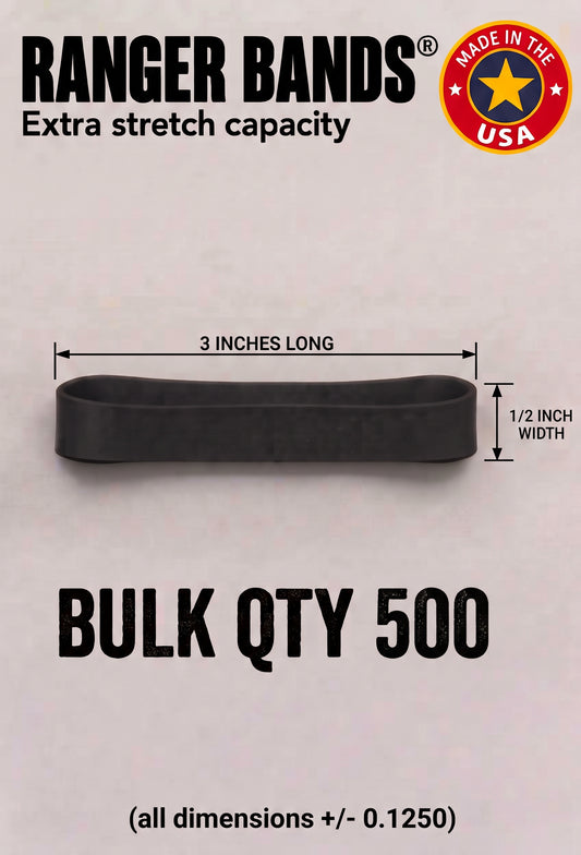 Ranger Bands® EXTRA STRETCH 2" lay flat 1/2" wide Bag of 500 Made From EPDM Rubber: For Survival and Strapping Gear Made in the USA  NGE61972 ™
