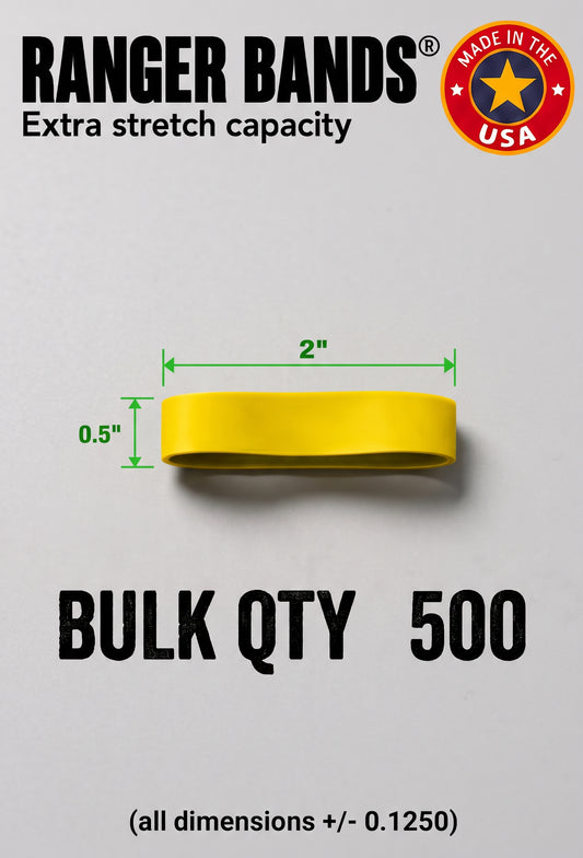 Ranger Bands®  500 Extra Stretch Yellow 2" lay flat 1/2" wide  Made from EPDM Rubber for Survival, Emergency Tinder and Strapping Gear Made in the USA