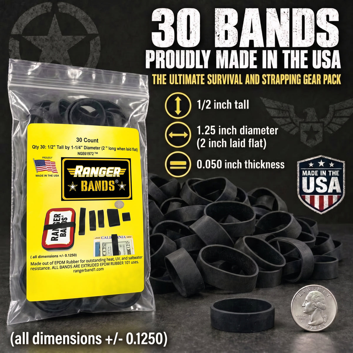 Ranger Bands® 30 Count Extra Stretch From EPDM Rubber Survival & Strapping Gear  USA  NGE61972 ™