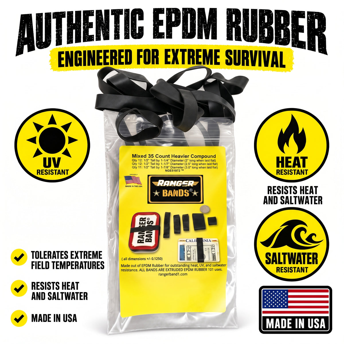 Ranger Bands® Mixed 35 Count Heavier Compound Made from EPDM Rubber for Survival, Emergency Tinder and Strapping Gear Made in the USA NGE61972