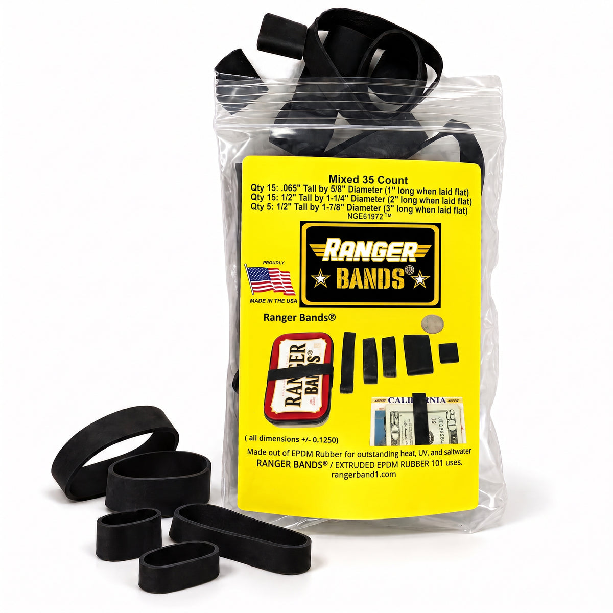 Ranger Bands® 35 Count Mixed Made from EPDM Rubber for Survival, Emergency Tinder and Strapping Gear of Various Sizes Made in the USA NGE61972™