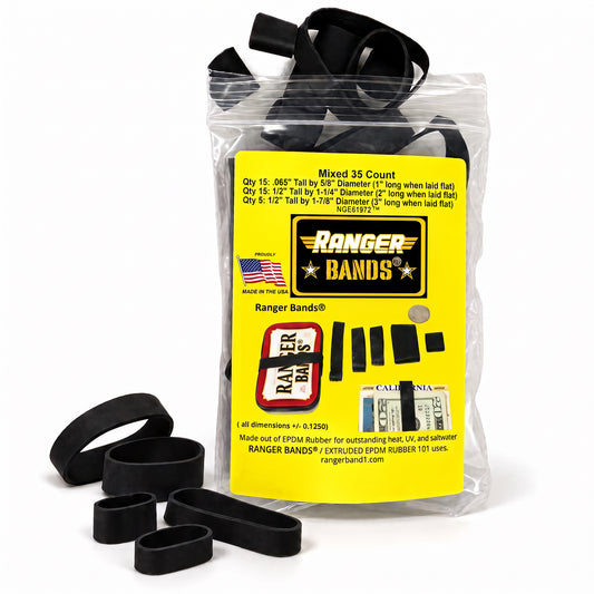 Ranger Bands® 35 Count Mixed Made from EPDM Rubber for Survival, Emergency Tinder and Strapping Gear of Various Sizes Made in the USA NGE61972™