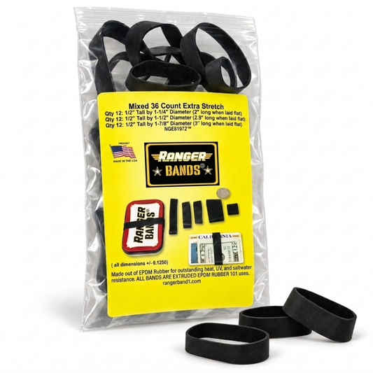 Ranger Band 1® Mixed 36 Count Extra Stretch Made of EPDM Rubber for Survival, Tinder and Strapping Gear of Various Sizes Made in the USA NGE61972