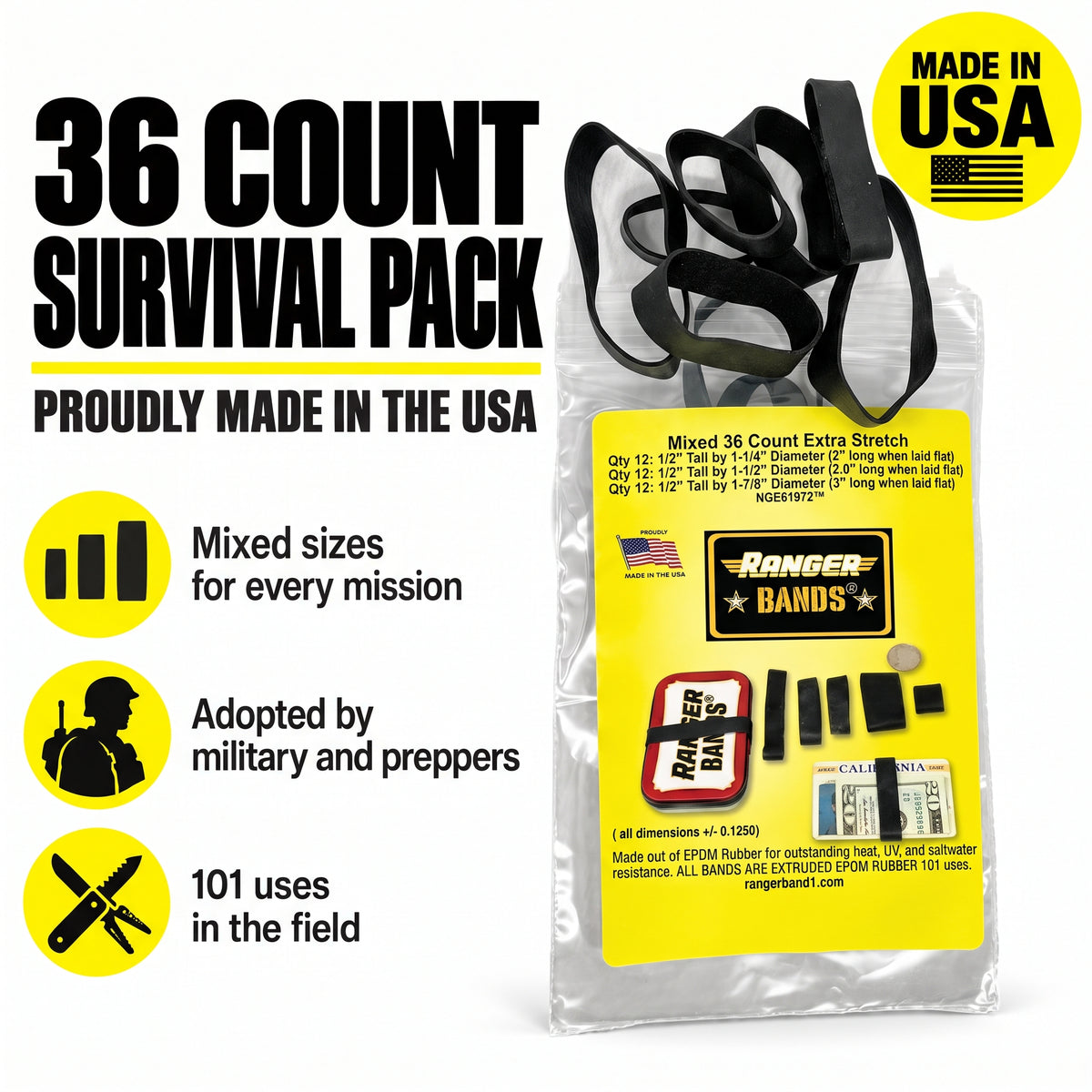 Ranger Band 1® Mixed 36 Count Extra Stretch Made of EPDM Rubber for Survival, Tinder and Strapping Gear of Various Sizes Made in the USA NGE61972