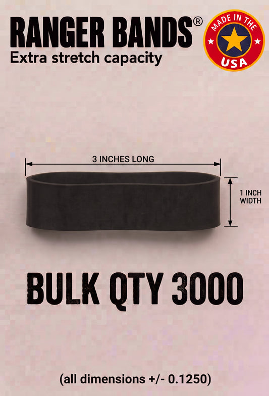 Ranger Bands® EXTRA STRETCH 3" lay flat 1" wide Bag of 3000 Made From EPDM Rubber: For Survival and Strapping Gear Made in the USA  NGE61972 ™