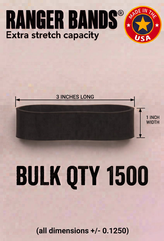 Ranger Bands® EXTRA STRETCH 3" lay flat 1" wide Bag of 1500 Made From EPDM Rubber: For Survival and Strapping Gear Made in the USA  NGE61972 ™