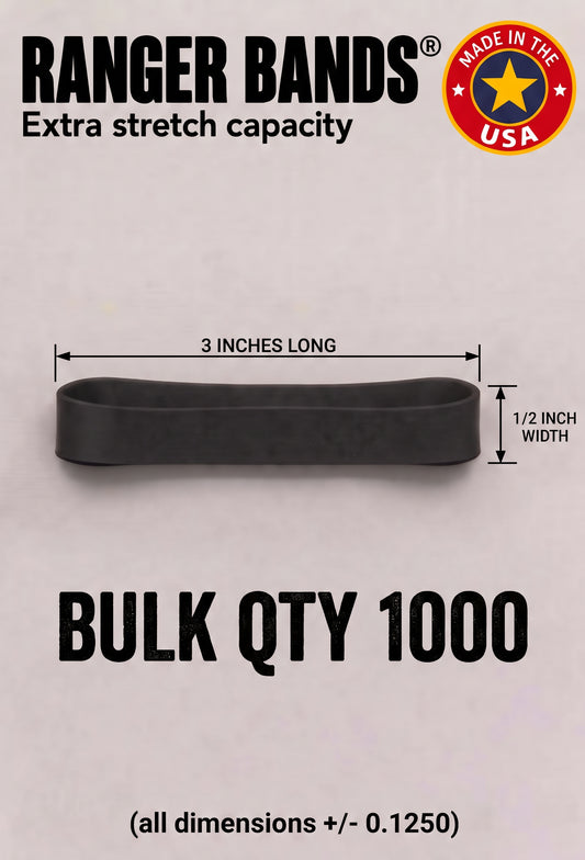 Ranger Bands® EXTRA STRETCH 3" lay flat 1/2" wide Bag of 1000 Made From EPDM Rubber: For Survival and Strapping Gear Made in the USA  NGE61972 ™