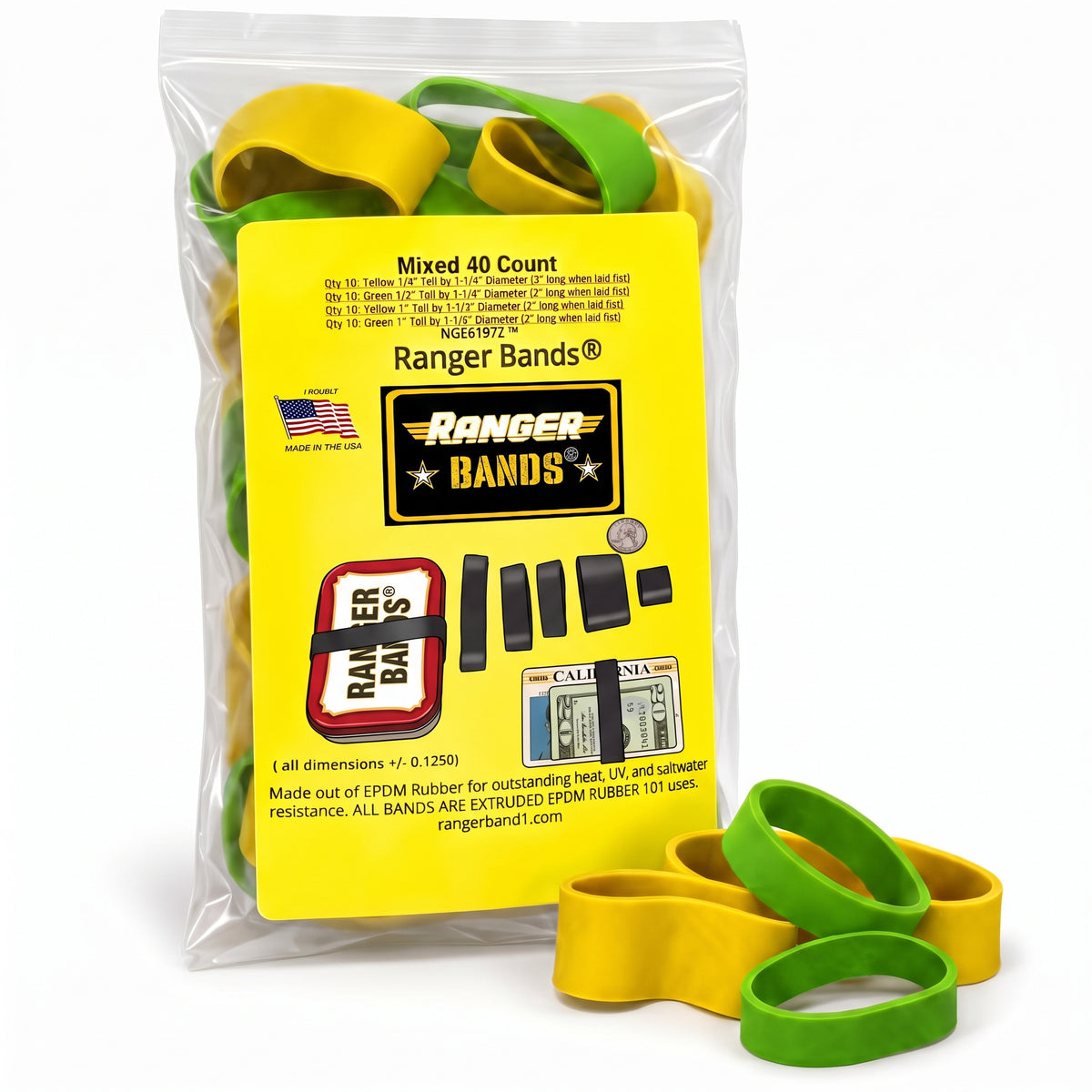 Ranger Bands® Mixed 40 Count Extra Stretch Safety colors Made from EPDM Rubber for Survival, Emergency Tinder and Strapping Gear Made in the USA