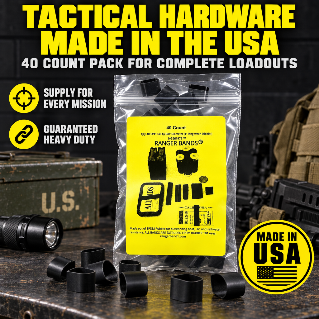Ranger Bands® High Tension 1" lay flat 3/4" wide 40 Count Fits Paracord Bracelets Made From EPDM Rubber for Survival,Strapping Gear Made in the USA