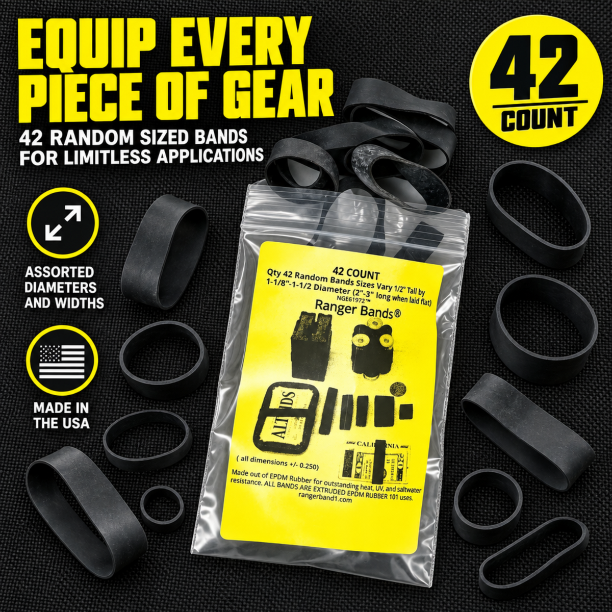 Ranger Bands® 42 Count Random Extra Stretch Made from EPDM Rubber for Survival, Emergency Tinder and Strapping Gear Made in The USA