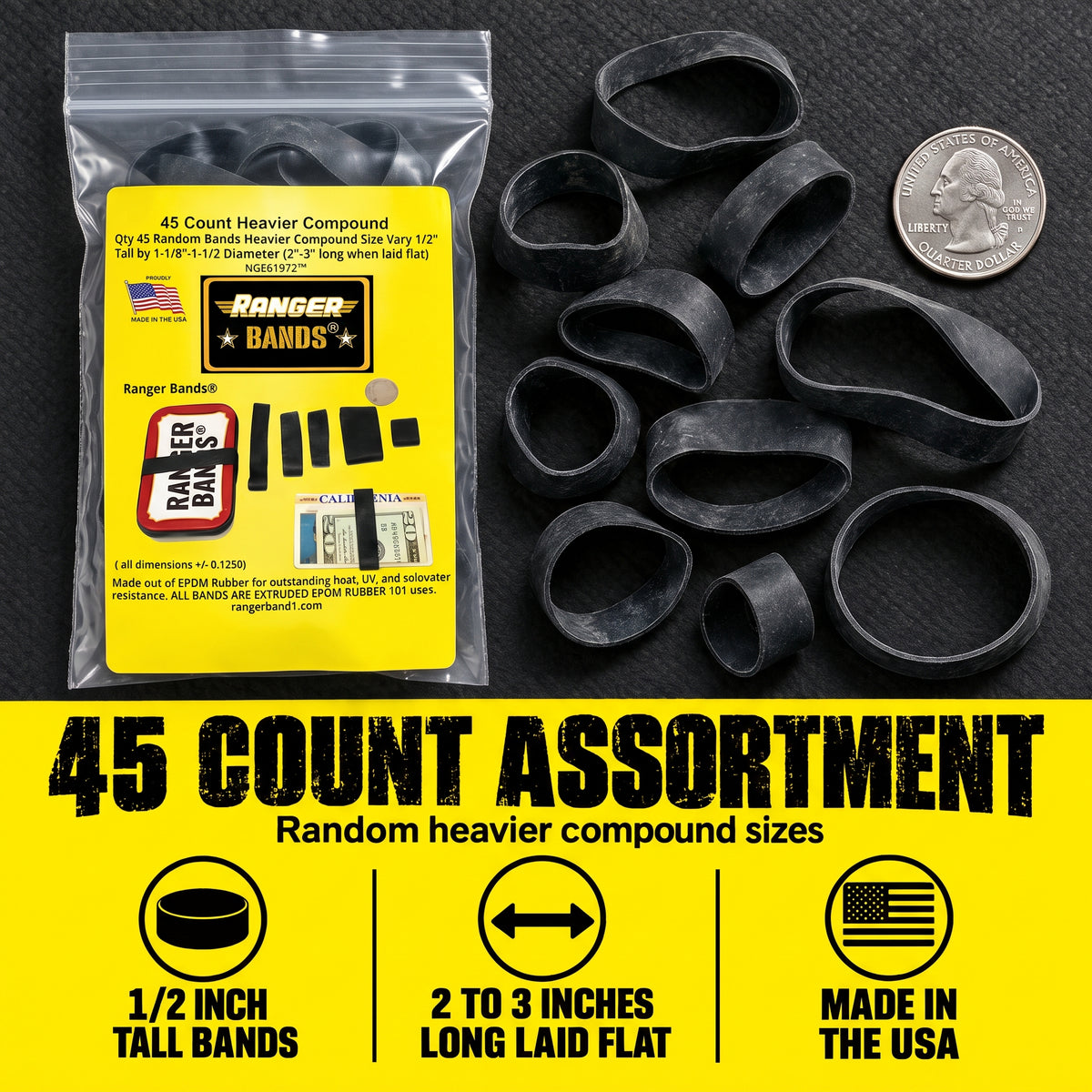 Ranger Bands® 45 Count Random Heavier Compound from EPDM Rubber for Survival, Emergency Tinder and Strapping Gear Made in The USA