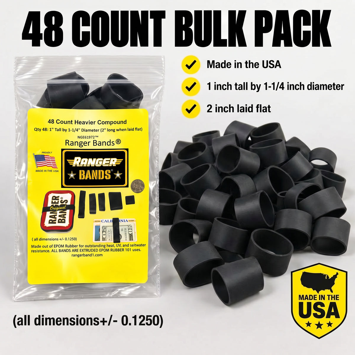 Ranger Bands® Medium Wide 48 Count High Tension less stretch Compound EPDM Rubber for Survival, Emergency Tinder and Strapping Gear Made in the USA