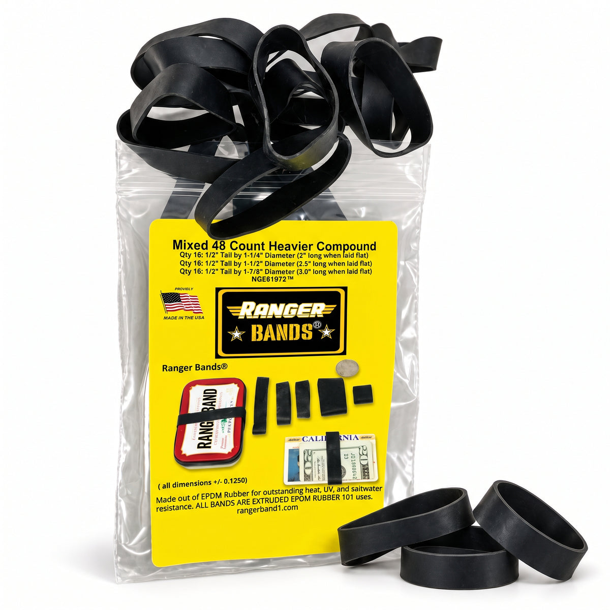 Ranger Bands® Mixed 48 Count Heavier Compound Made from EPDM Rubber for Survival, Emergency Tinder and Strapping Gear Made in the USA NGE61972