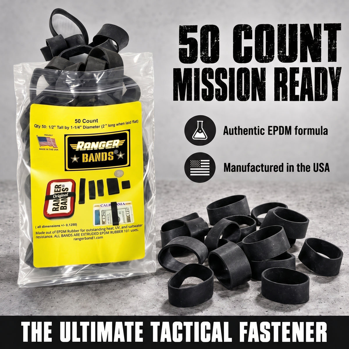 Ranger Bands® 50 Count Extra Stretch Made from EPDM Rubber for Survival and Strapping Gear Made in the USA NGE61972