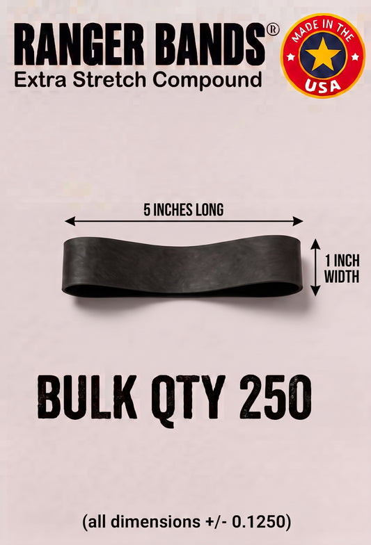 Ranger Bands® extra stretch 5" lay flat 1" wide 250 Count Made From EPDM Rubber for Survival, Strapping Gear Made in USA