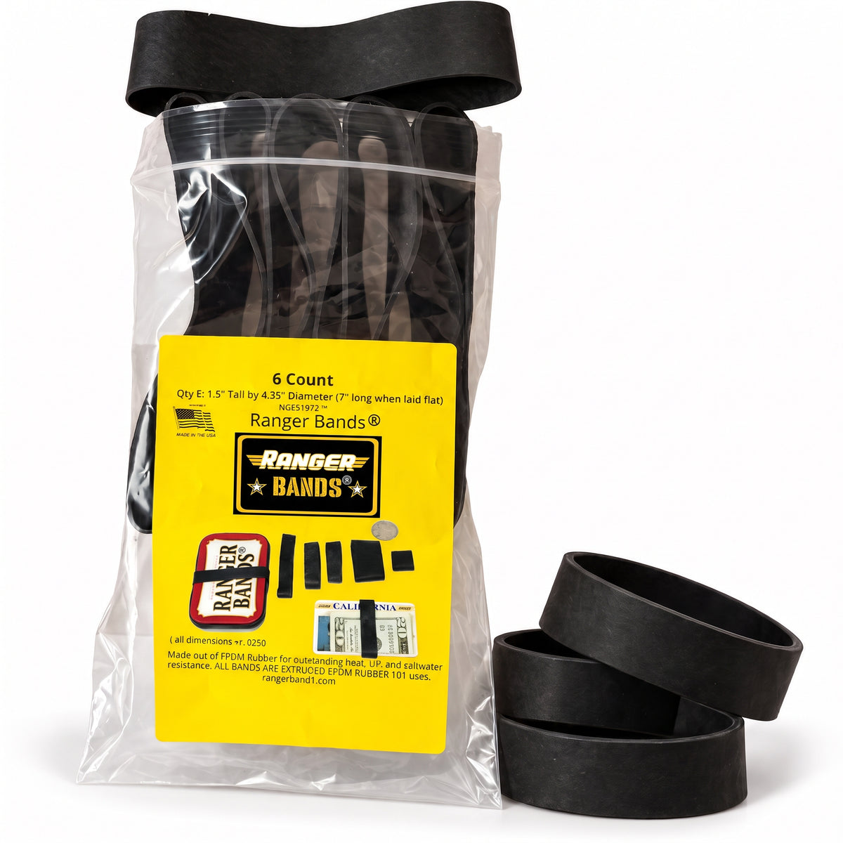 Ranger Bands® 6 Count Extra Stretch 7 " Laid Flat From EPDM Rubber Survival & Strapping Gear  USA  NGE61972 ™