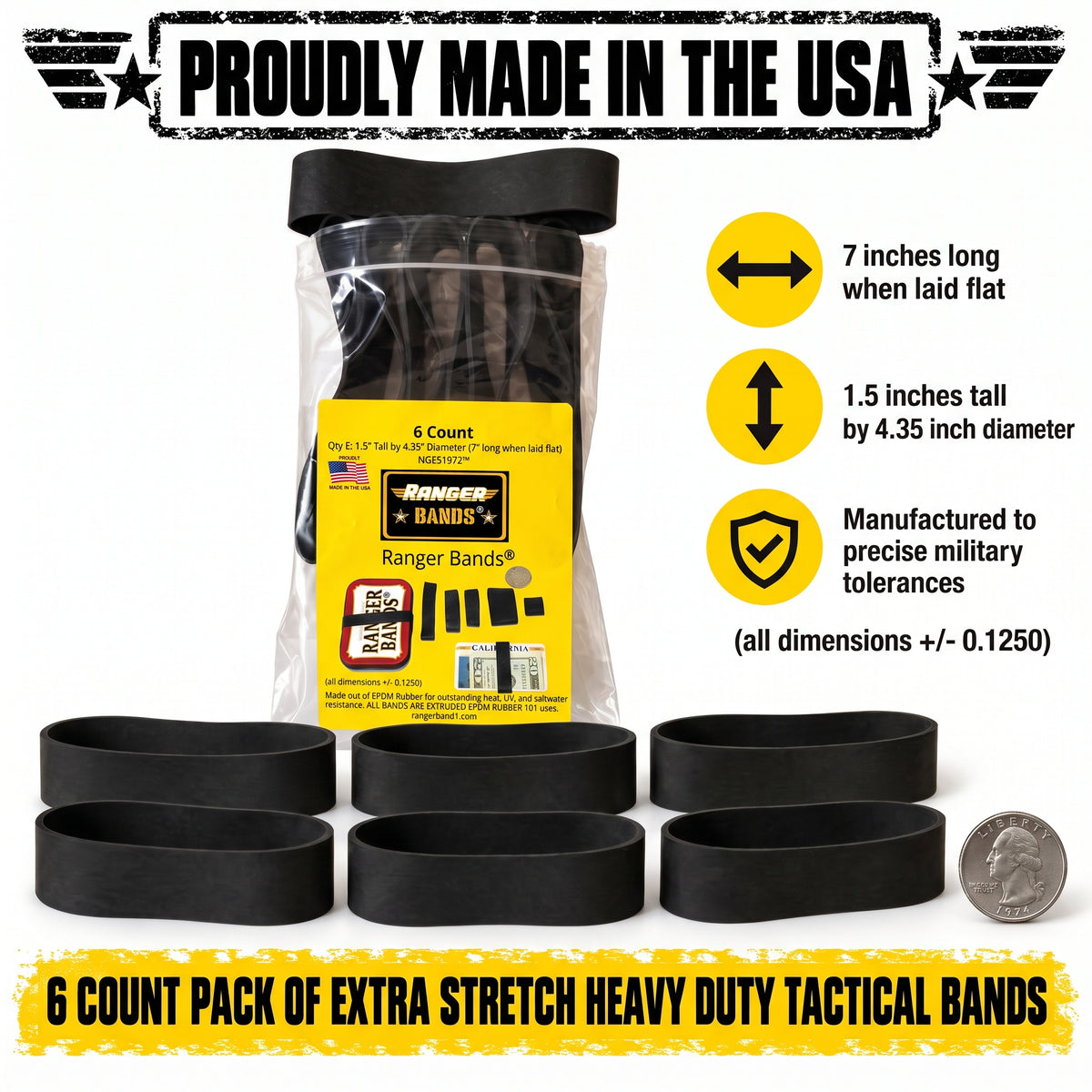 Ranger Bands® 6 Count Extra Stretch 7 " Laid Flat From EPDM Rubber Survival & Strapping Gear  USA  NGE61972 ™