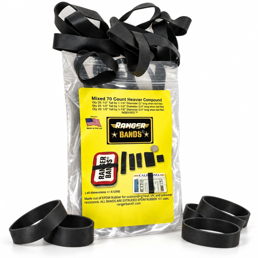 Ranger Bands® Mixed 70 Count Heavier Compound Made From EPDM Rubber for Emergency Tinder, Survival and Strapping Gear of Various Sizes NGE61972