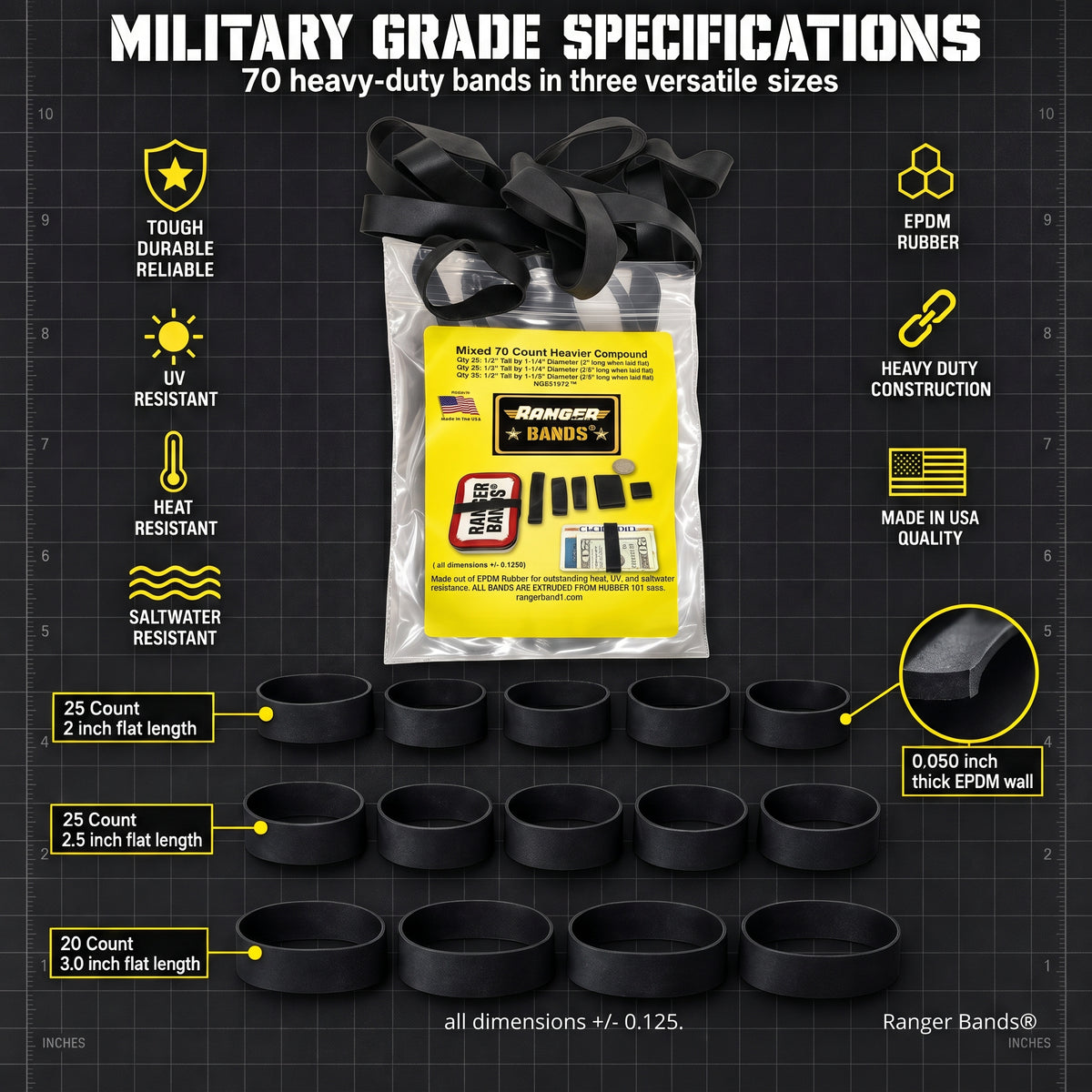 Ranger Bands® Mixed 70 Count Heavier Compound Made From EPDM Rubber for Emergency Tinder, Survival and Strapping Gear of Various Sizes NGE61972