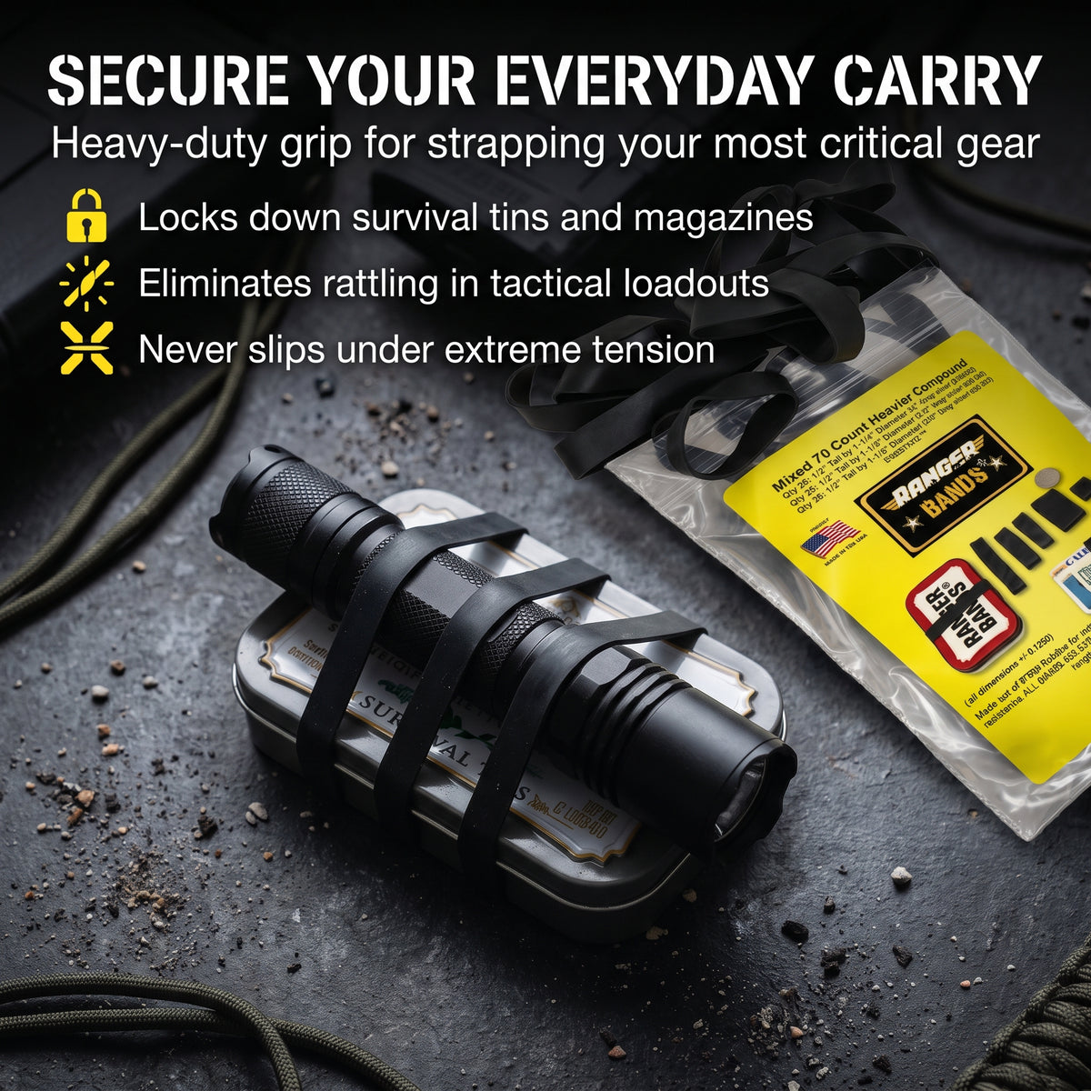 Ranger Bands® Mixed 70 Count Heavier Compound Made From EPDM Rubber for Emergency Tinder, Survival and Strapping Gear of Various Sizes NGE61972