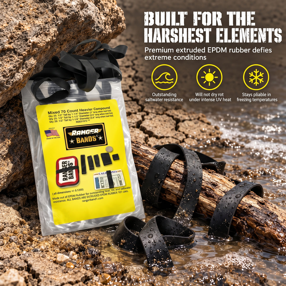 Ranger Bands® Mixed 70 Count Heavier Compound Made From EPDM Rubber for Emergency Tinder, Survival and Strapping Gear of Various Sizes NGE61972