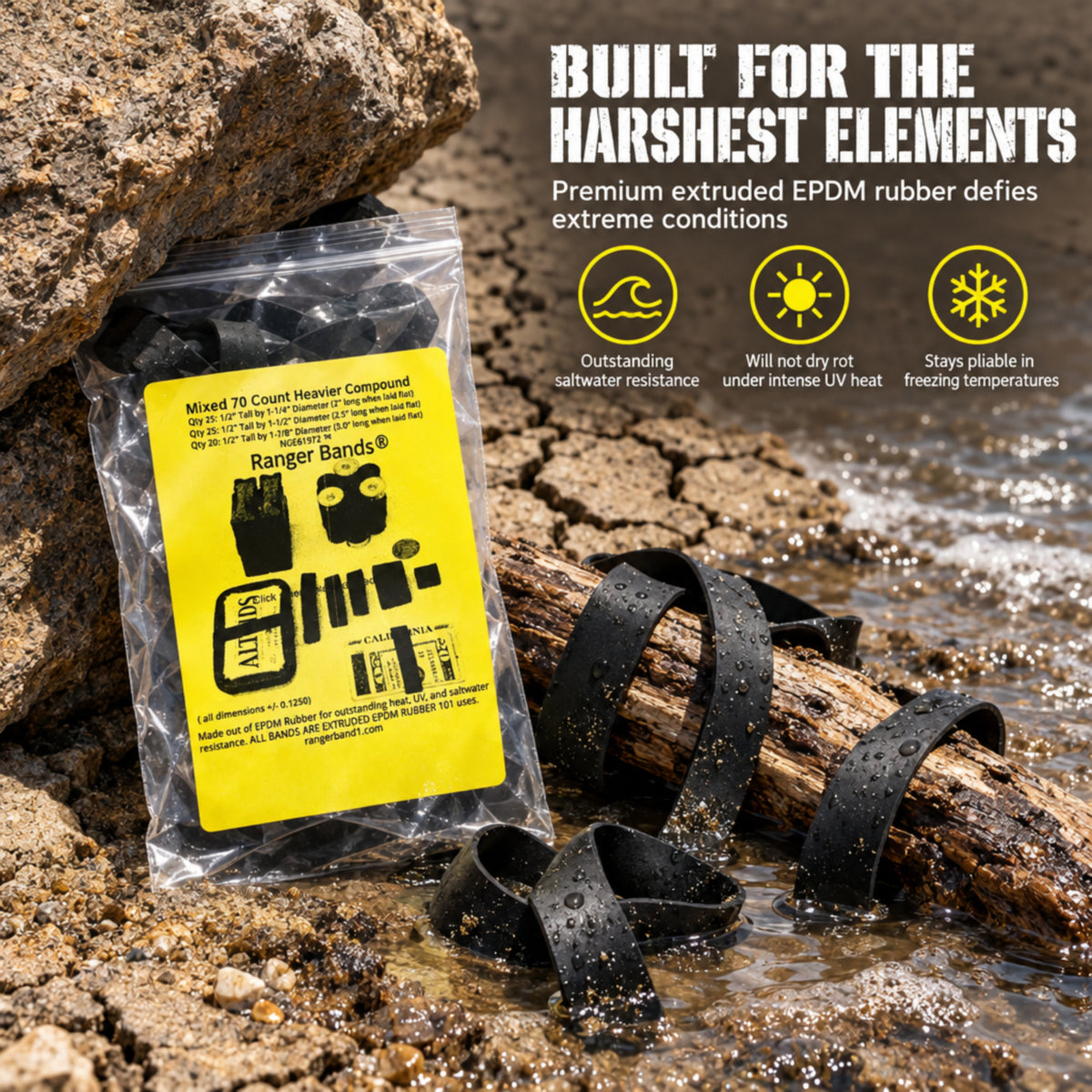 Ranger Bands® Mixed 70 Count Heavier Compound Made From EPDM Rubber for Emergency Tinder, Survival and Strapping Gear of Various Sizes NGE61972