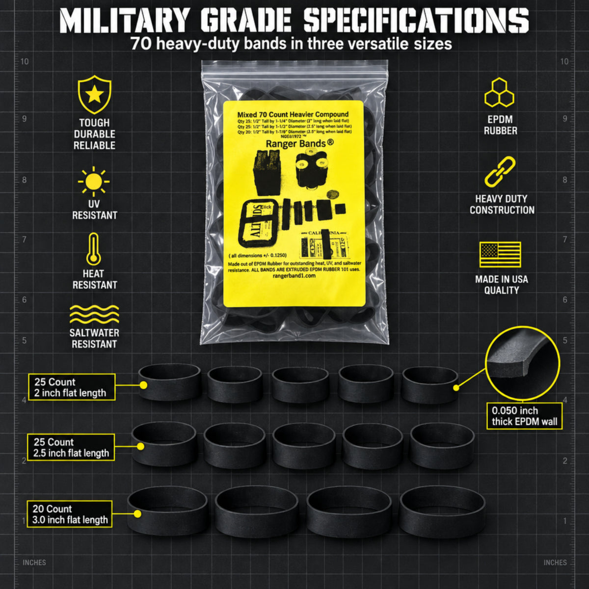 Ranger Bands® Mixed 70 Count Heavier Compound Made From EPDM Rubber for Emergency Tinder, Survival and Strapping Gear of Various Sizes NGE61972