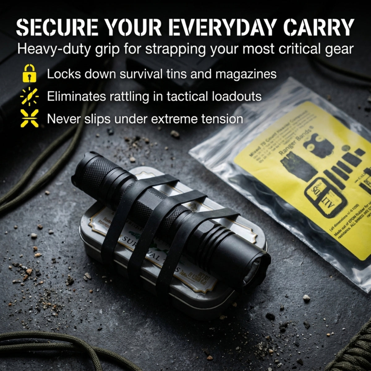 Ranger Bands® Mixed 70 Count Heavier Compound Made From EPDM Rubber for Emergency Tinder, Survival and Strapping Gear of Various Sizes NGE61972