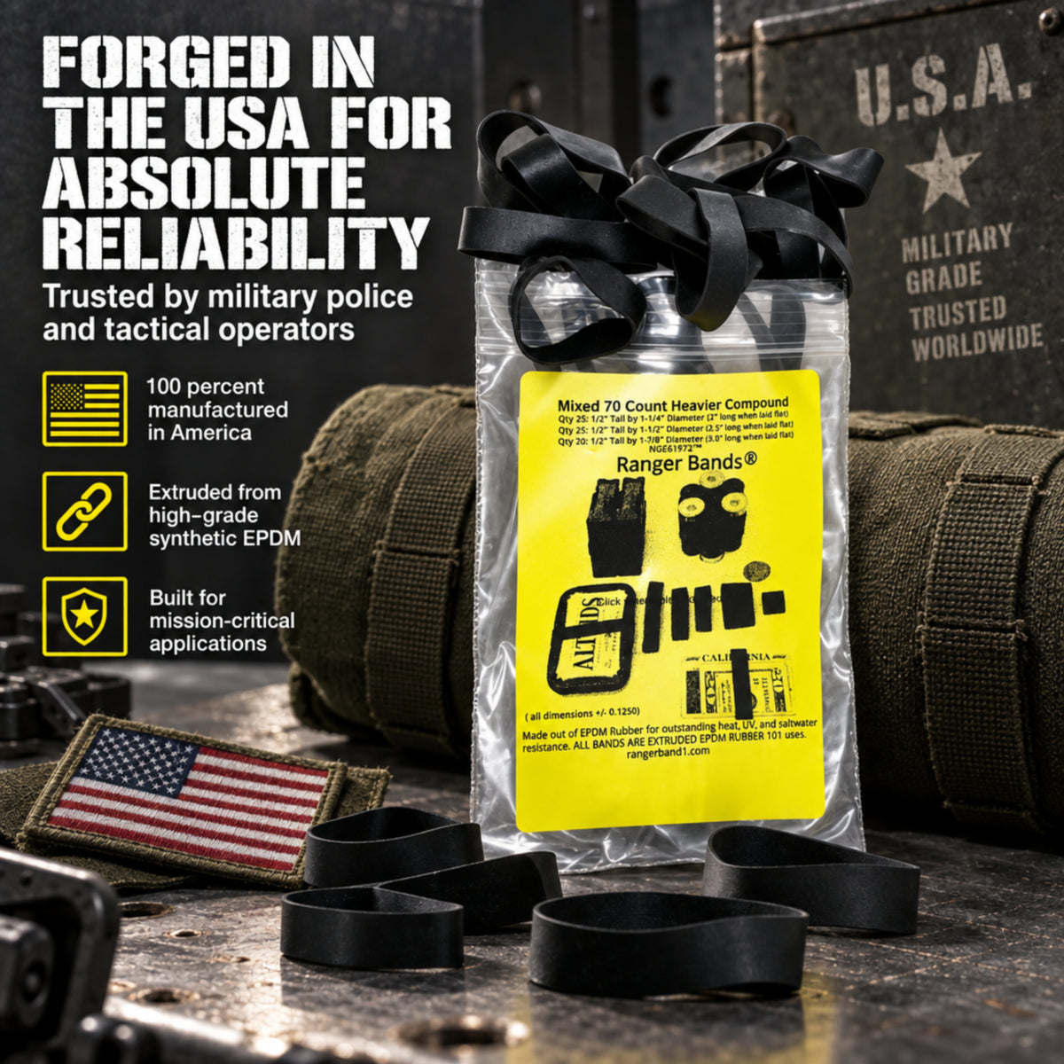 Ranger Bands® Mixed 70 Count Heavier Compound Made From EPDM Rubber for Emergency Tinder, Survival and Strapping Gear of Various Sizes NGE61972