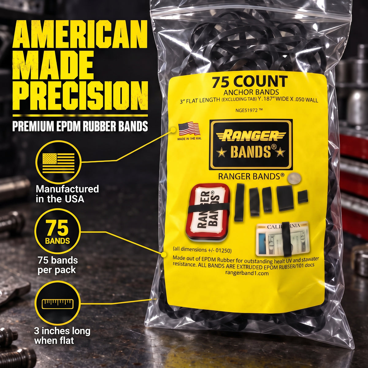 Ranger Bands® 75 Count Anchor Bands Made from EPDM Rubber for Survival, Emergency Tinder and Strapping Gear Made in The USA