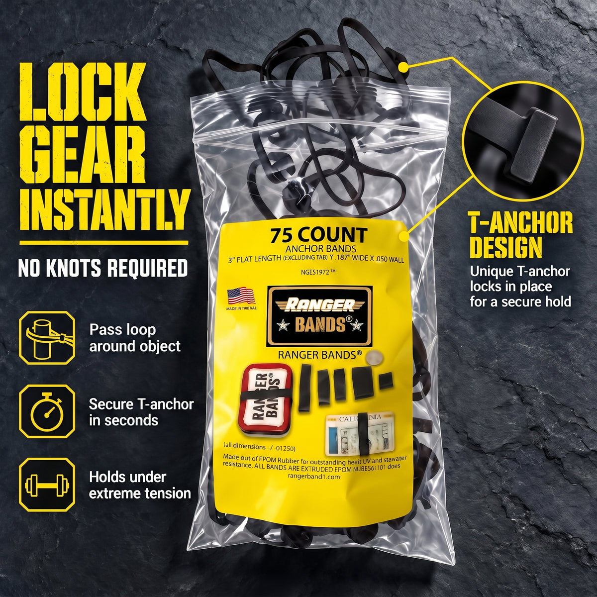 Ranger Bands® 75 Count Anchor Bands Made from EPDM Rubber for Survival, Emergency Tinder and Strapping Gear Made in The USA