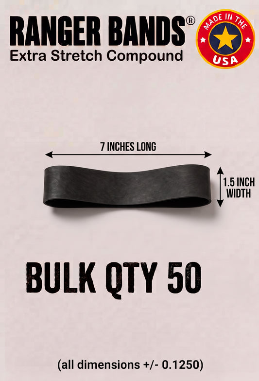 Ranger Bands® 50 Count Extra Stretch 7" Laid  Flat From EPDM Rubber Survival & Strapping Gear  USA  NGE61972 ™