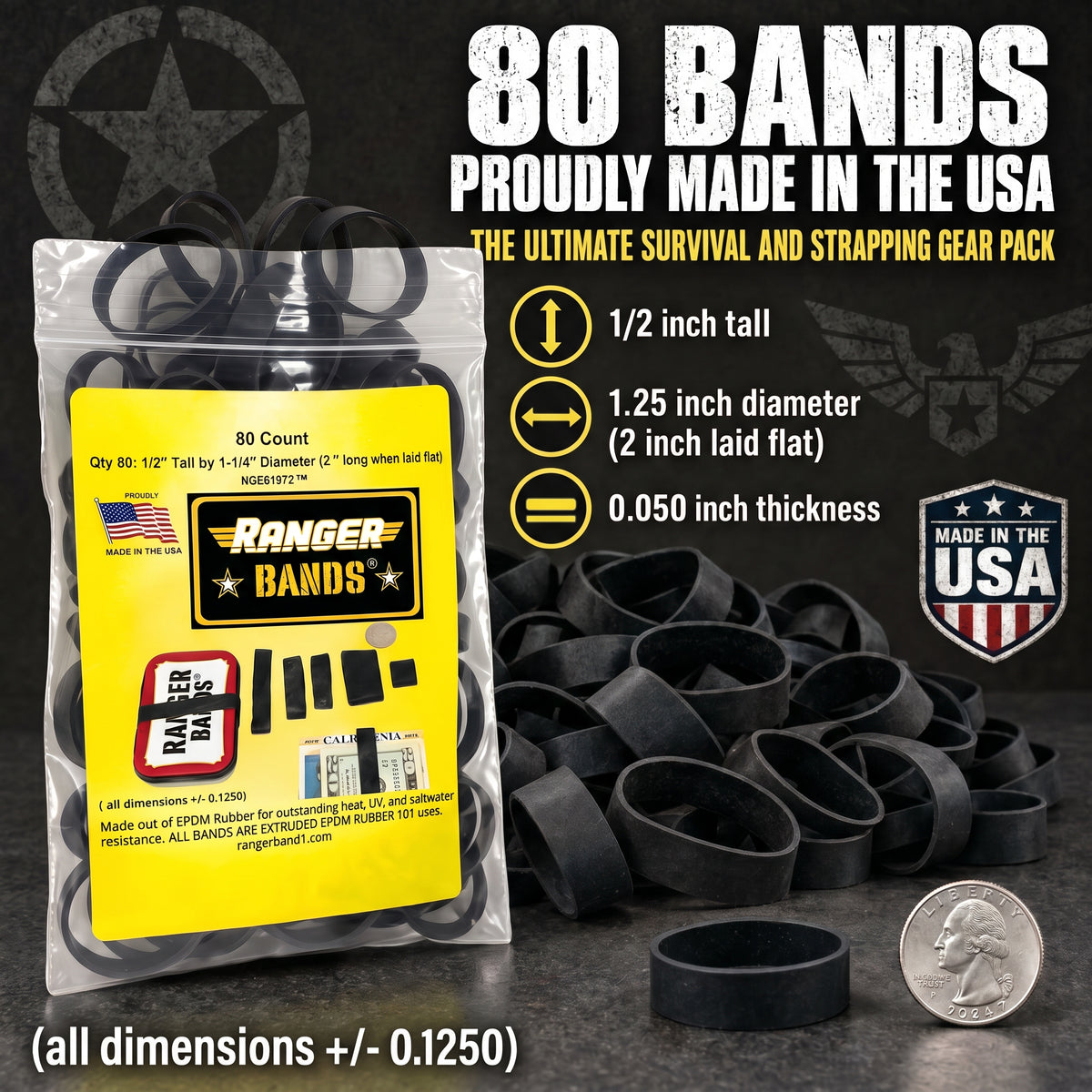 Ranger Bands® 80 Count Extra Stretch From EPDM Rubber Survival & Strapping Gear  USA  NGE61972 ™