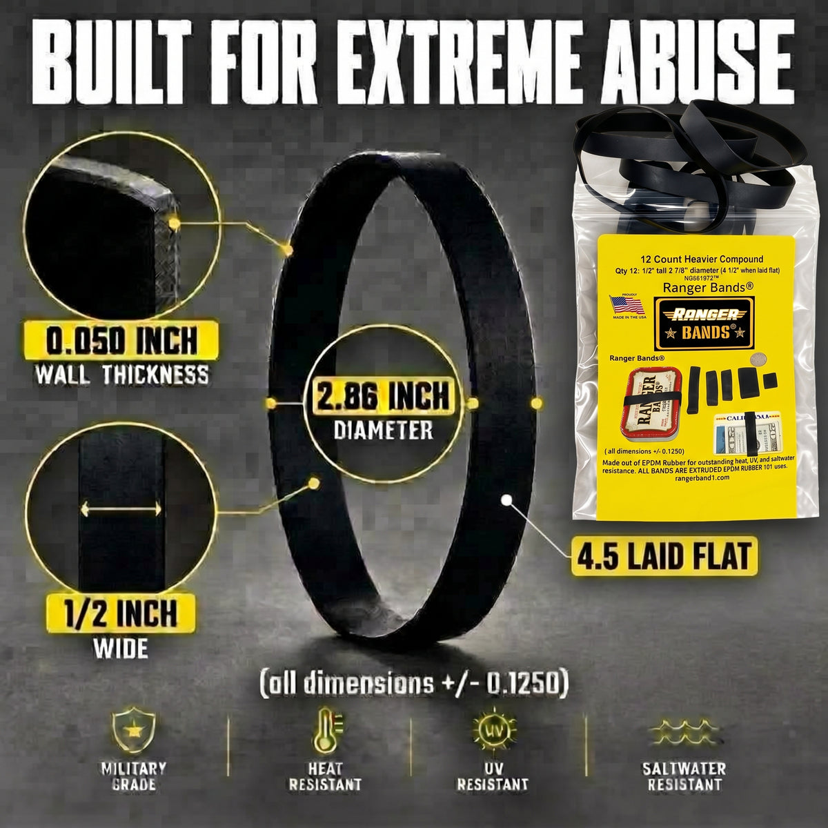 Ranger Bands® 12 Count X High Tension less stretch  Compound EPDM Rubber for Survival, Emergency Tinder and Strapping Gear Made in the USA NGE61972